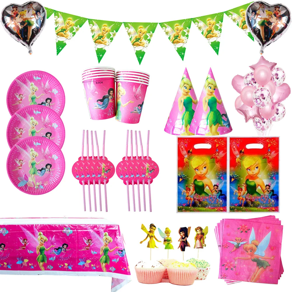 Cartoon Tinkerbell Kids Birthday Party Decoration Stoviglie Elf Little Fairy Paper Plate Cup Tovaglia Balloon Party Supplies
