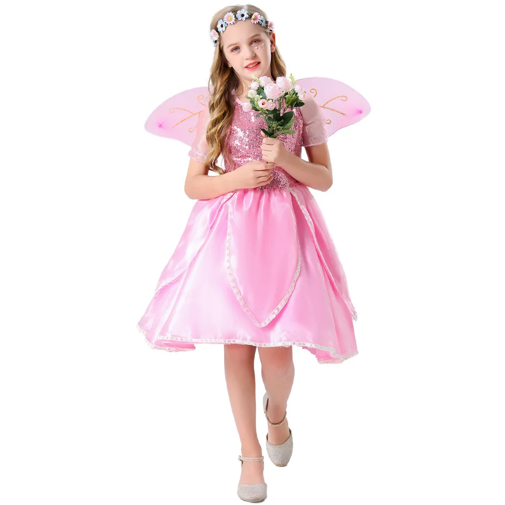 Tinkerbell Fairy Dresses Up For Girls Costume Kids Flower Fairy Princess Dress Wings Halloween Cosplay Party Outfit