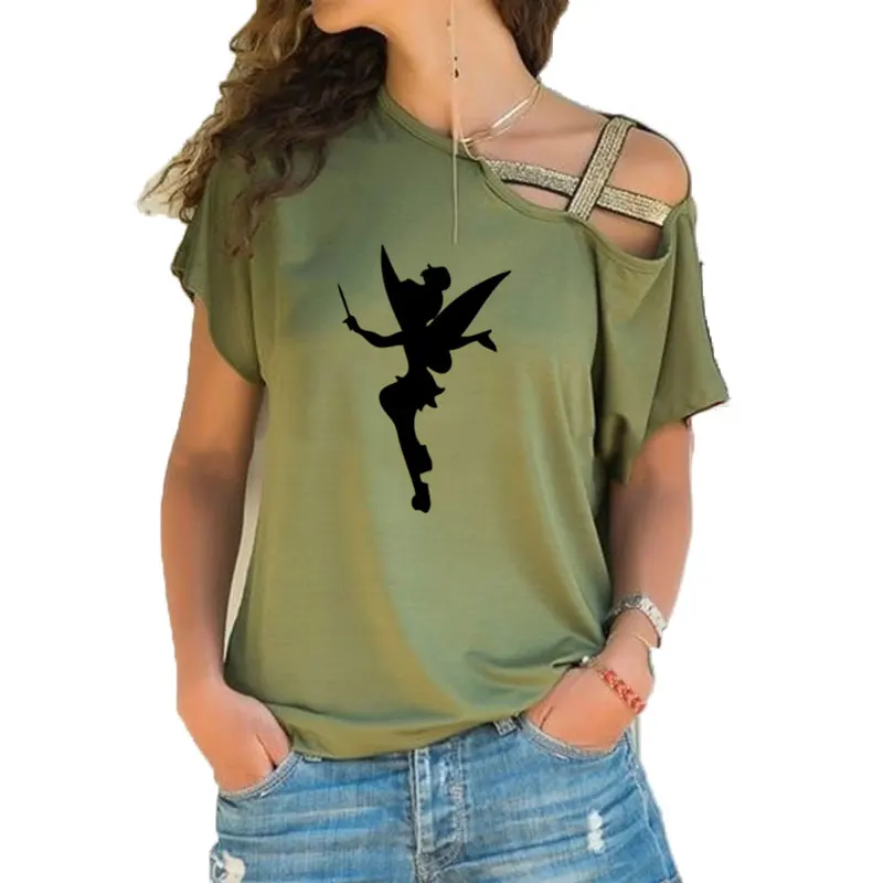 2021 Fashion New Women Tinkerbell Fairy Silhouette Cartoon T Shirt Femme Tinkerbell Stampato Carino Irregolare Inclinazione Croce Banda