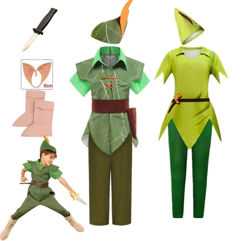 Halloween Kids Anime Boys Peter Pan Prince Costume Cosplay Green Elf Carnival Costumes For Child Birthday Party Toy Knife Suit