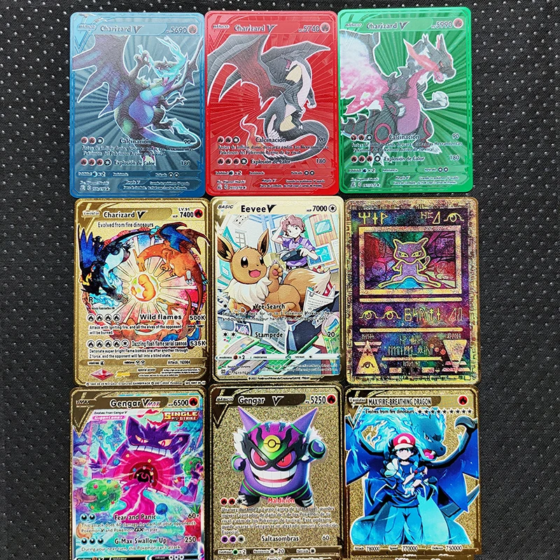 2023 Pokemon Metal Cards Pikachu Vmax Charizard Gengar Eevee Russare Giochi Anime Collezione Lettere Carte Di Ferro Giocattoli Regali Per Bambini