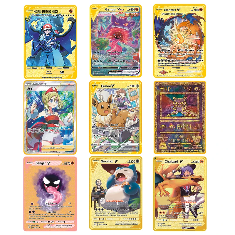 2023 Pokemon Metal Cards Pikachu Vmax Charizard Gengar Eevee Russare Giochi Anime Collezione Lettere Carte Di Ferro Giocattoli Regali Per Bambini
