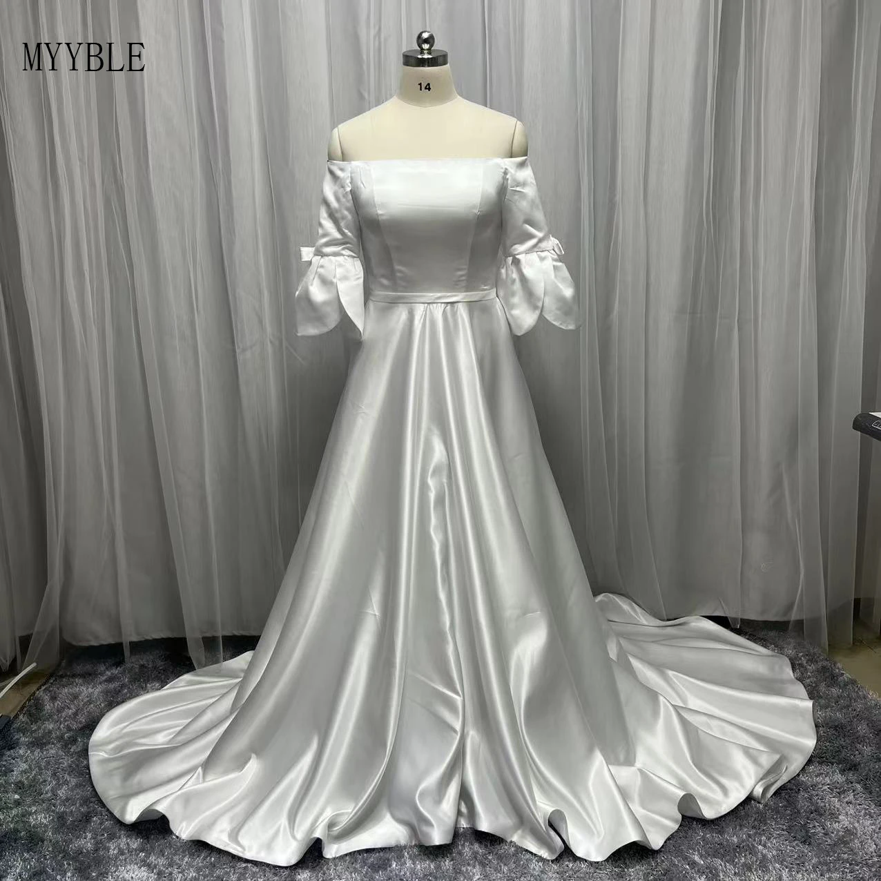 Myyble 2022 Real Photo New Simple Satin Wedding Dresses Plus Size A Line Off Shoulder Bride Robe De Mariée Custom Made