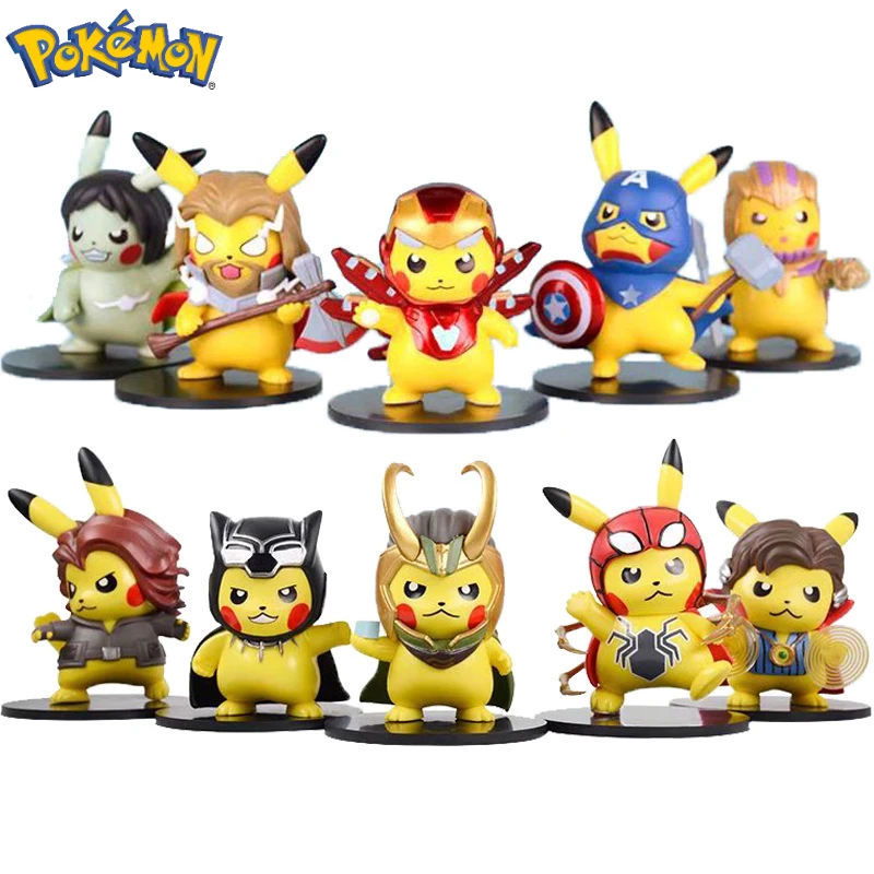 Pokemon Pikachu Cosplay Marvel Spiderman Captain America Action Figures Hulk Thor Iron Man Kawaii Model Dolls Giocattoli Per Bambini Regali
