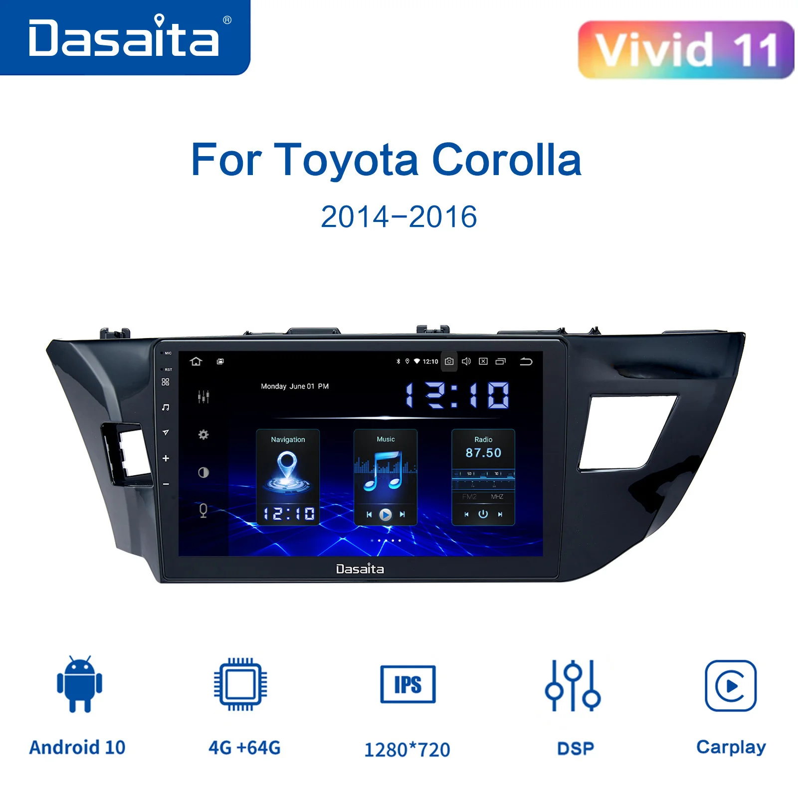Dasaita 10.2 "Multimedia Car Player Android 10 Per Toyota Corolla 2014 2015 Tda7850 Multi Touch Screen 4Gb 2Din No Dvd