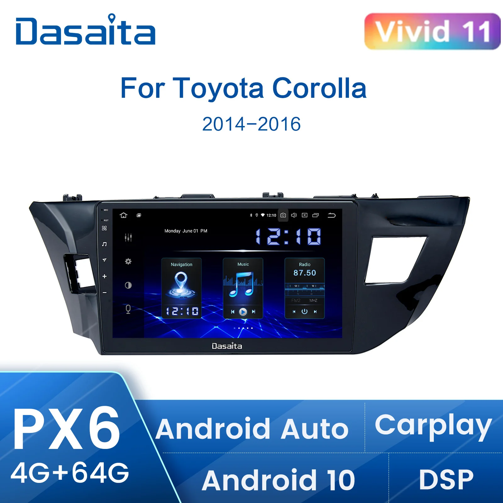 Dasaita 10.2 "Multimedia Car Player Android 10 Per Toyota Corolla 2014 2015 2016 Tda7850 Multi Touch Screen 4Gb Ram 2Din No Dvd