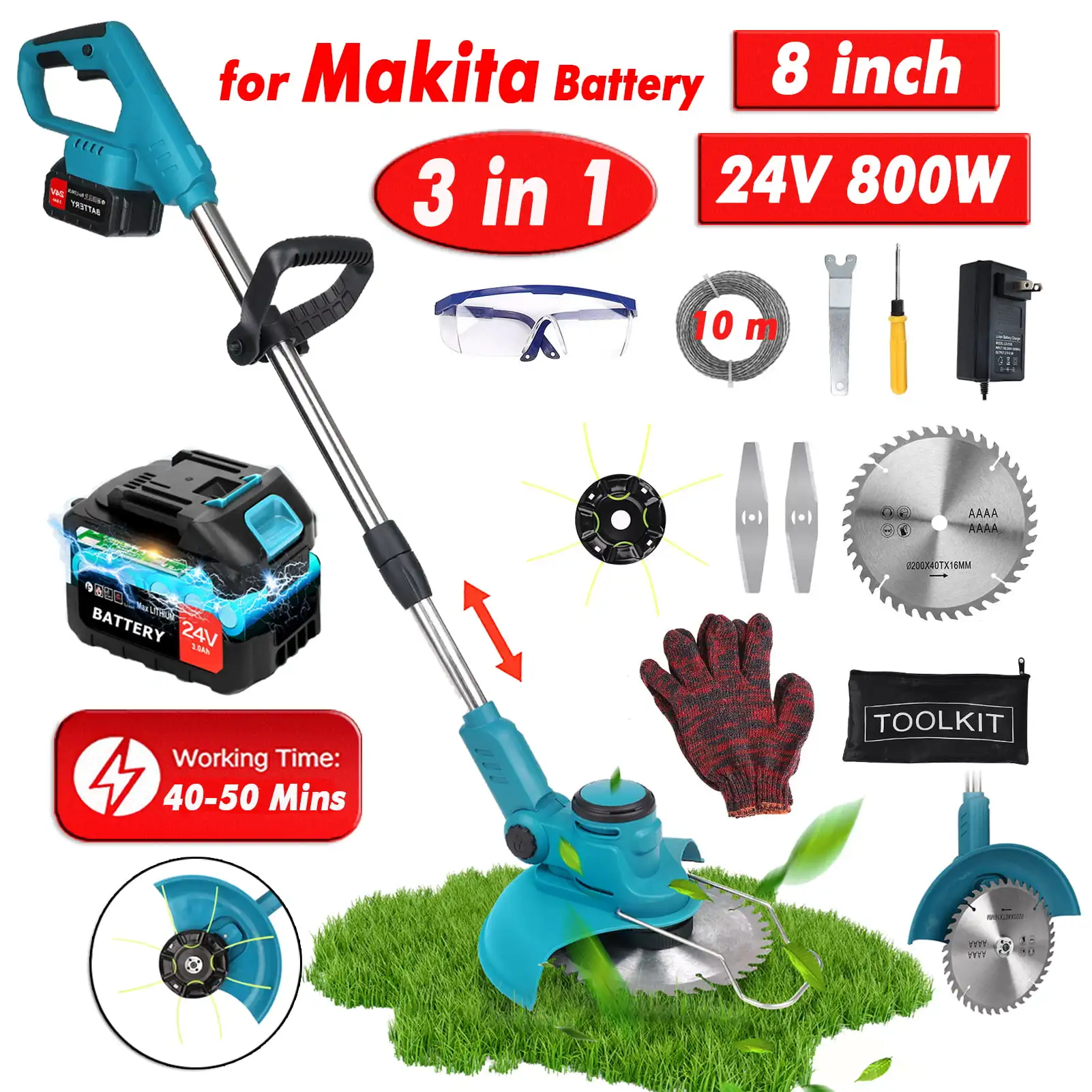 Tagliaerba Da 8 Pollici Cordless Electric String Trimmer Edger 3 In 1 Weed Wacker Kit Decespugliatore Senza Spazzole Con Batteria Per Strumento Makita