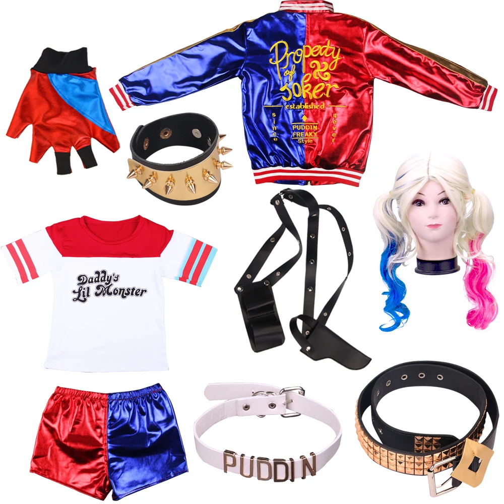 Anime Dress Women Costume Quinn Girl Wig Shirt Bat Kids Adult Tops Guanto Accessori