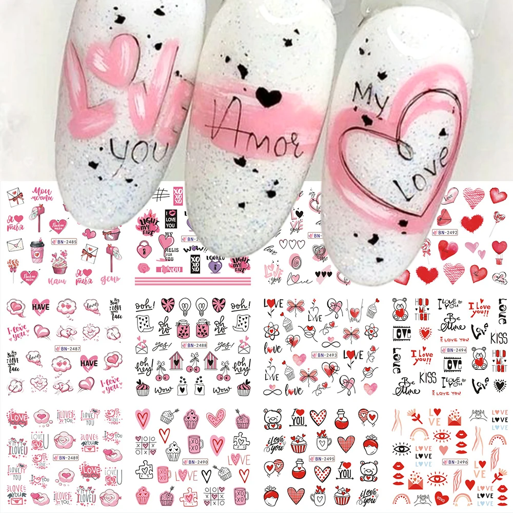 Adesivi Cuore Rosa San Valentino Nail Art Love You Lettere Decalcomania Acqua Torta Orso Bacio Cursori Labbra Per Manicure Lebn2485-2496