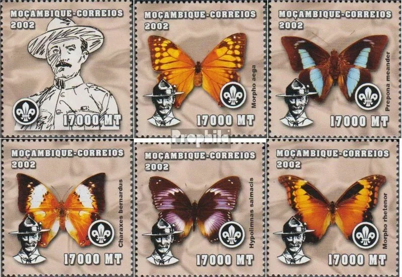 6 Pz/Set, Mozambico Post Stamp, 2002, Butterfly And Boy Scout, Collezione Reale Originale E In Buone Condizioni
