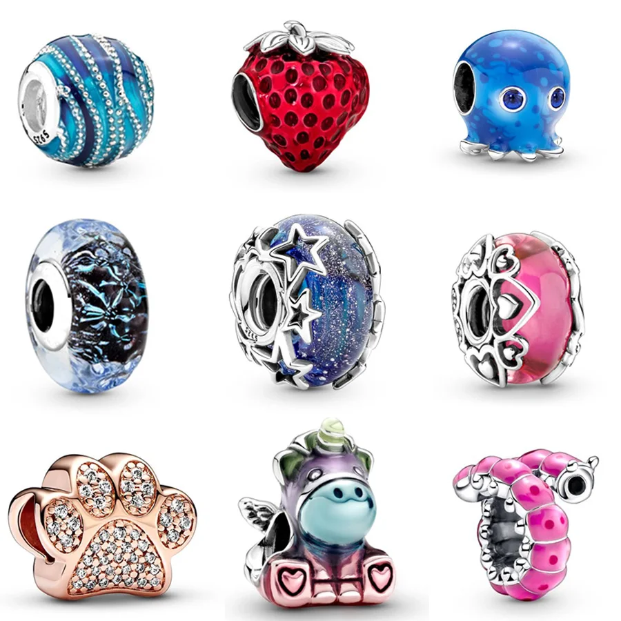 925 Sterling Silver Octopus Strawberry & Galaxy Blue Charm Bead Fit Originale Pandora Bracciale Gingillo Gioielli Donna Fai Da Te