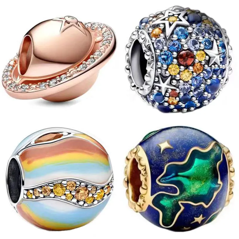Original Rose Gold Sparkling Star Earth Globe Planet Galaxy Bead Fit Europe 925 Sterling Silver Charm Bracciale Gioielli Fai Da Te