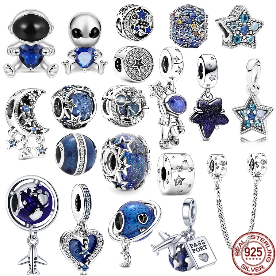 Galaxy Series 925 Sterling Silver Astronaut Alien Star Moon Safety Chain Ciondola Charm Bead Fit Original Pandora Bracciale Jewelry