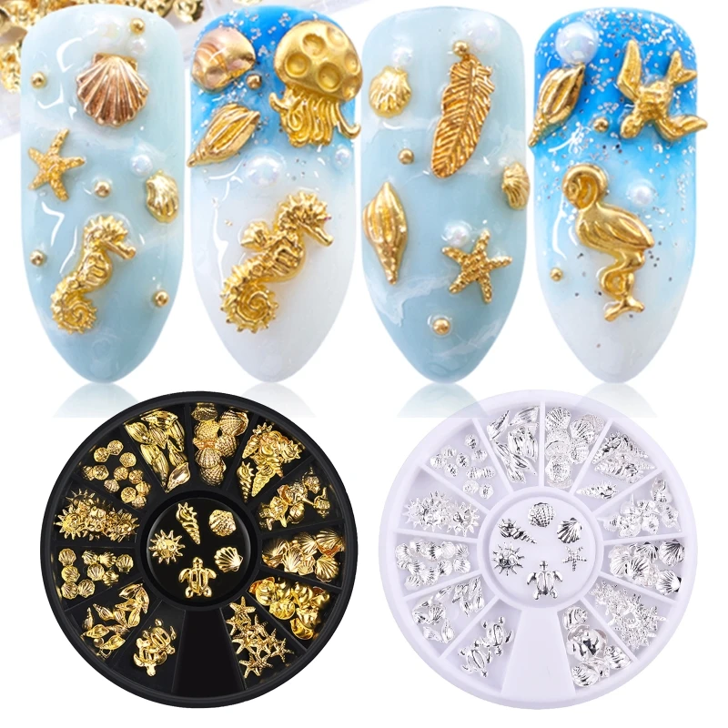 1 Scatola Gold Ocean Theme Metal Studs Sea Starfish Shell Turtle Slice Flakes 3D Nail Art Decoration In Wheel Strumenti Per Manicure Uv Fai Da Te
