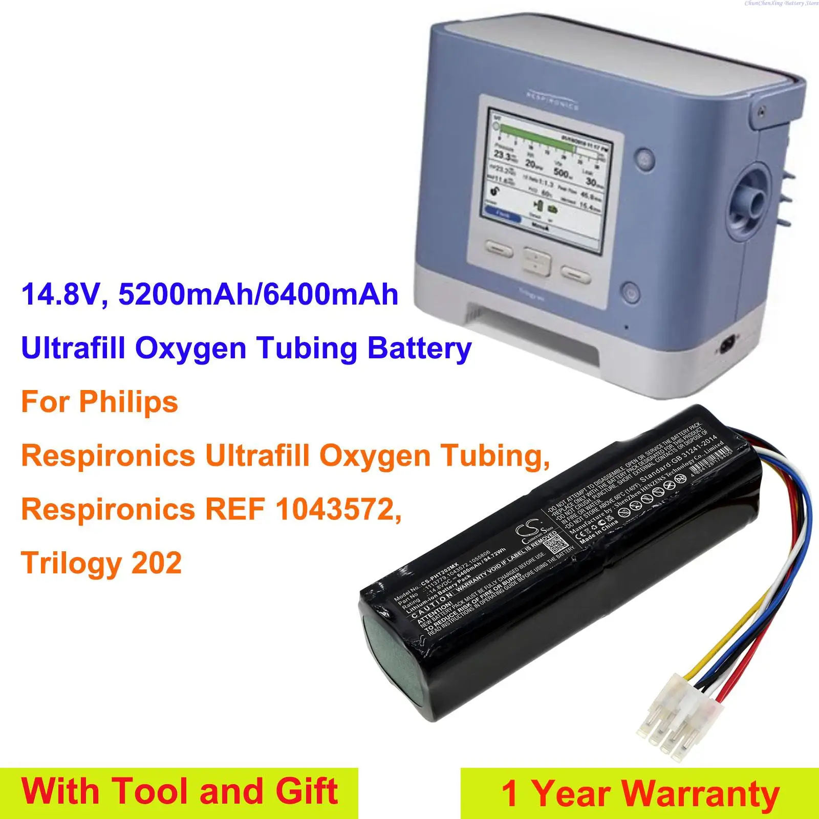 Cameron Sino 5200Mah/6400Mah Batteria Per Philips Trilogy 202, Respironics Ref 1043572, Respironics Ultrafill Oxygen Tubing