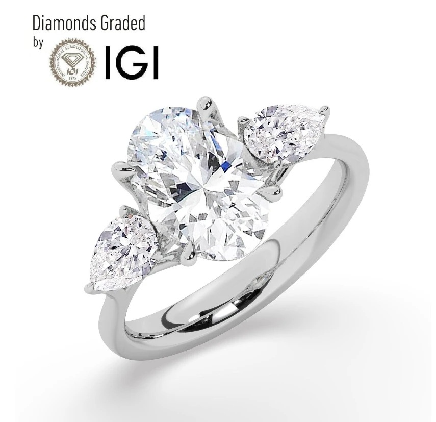 Igi 2Ct Solitaire Lab-Grown Diamond Oval Cvd Hpht Diamond Trilogy Anello In Oro Bianco 14K Def Vs