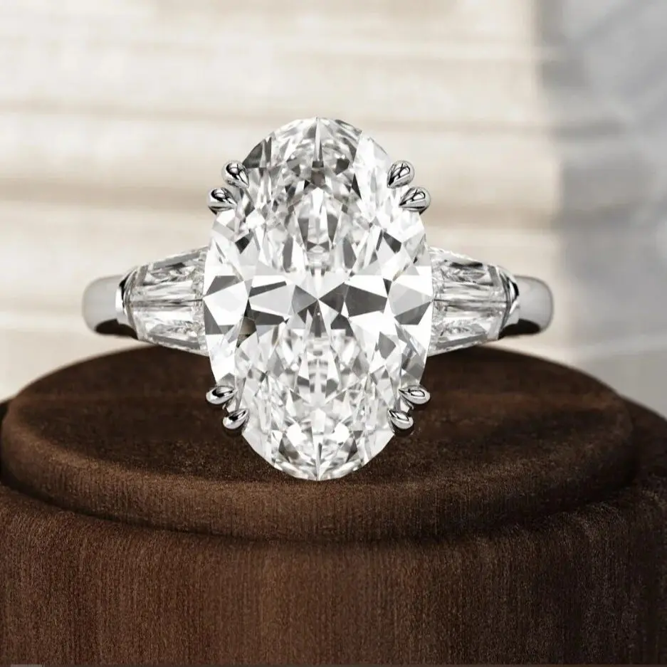5 Carati Cvd Hpht Lab Grown Diamond Ovale E Affusolato Baguette Triad Ring Luxury Trilogy Anello Di Fidanzamento 14K White Gold Igi