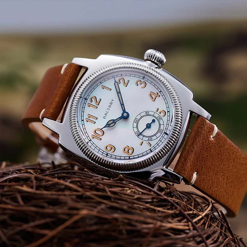 Baltany Vintage Dress Watch Mop Dial Subseconds Cattedrale Hands Handcrafted Distressed Luminoso 100M Orologio Meccanico Automatico