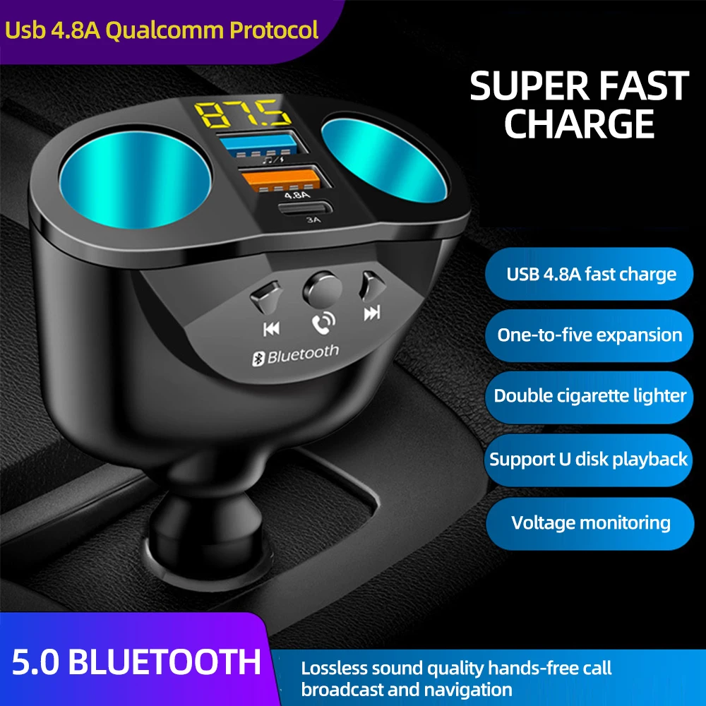 Caricabatteria Da Auto Trasmettitori Fm Bluetooth Accendisigari Dual Usb Qc 3.0 Splitter Quick Charge 12V Prese Di Chiamata Vivavoce Per Auto