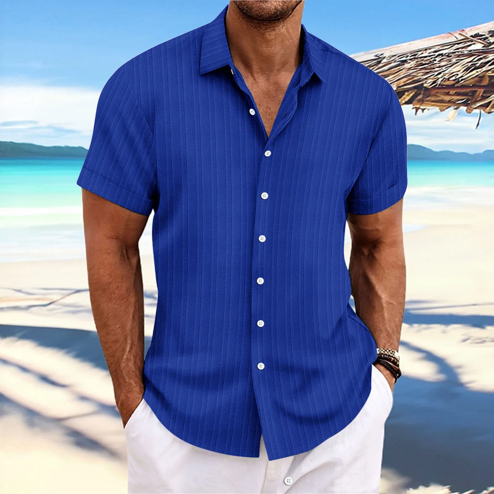 2023 Camicia A Maniche Corte Allentata Moda Casual Jacquard A Righe In Lino Da Uomo Esplosivo Transfrontaliero Amazon Express