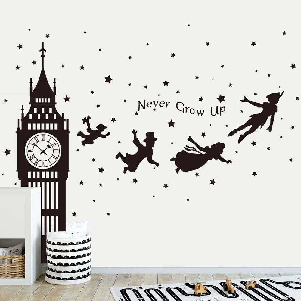 Cartoon Peter Pan Big Ben Clock Wall Sticker Baby Nursery Kids Room Never Give Up Inspirational Quote Wall Decal Playroom Vinyl