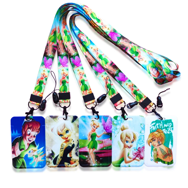 Disney Tinker Bell Porta Carte D'Identità Cordino Anime Peter Pan Porta Badge Ragazzo Fedil Card Case Clip Retrattile Ragazza Tracolla