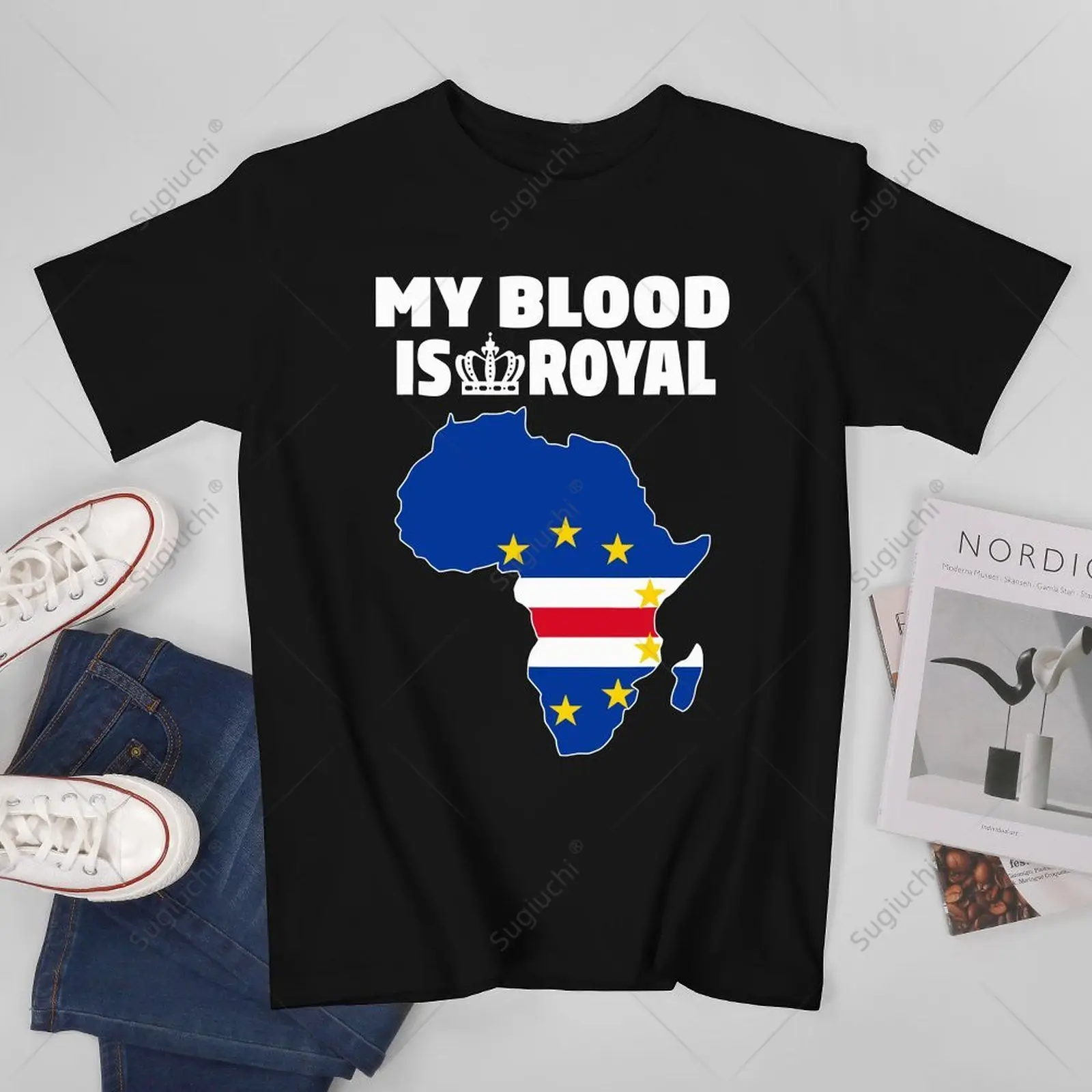 Unisex Men My Blood Is Royal Con Cabo Cape Verde Flag In Africa Map Tshirt Tees T-Shirt Donna Ragazzi T-Shirt 100% Cotone