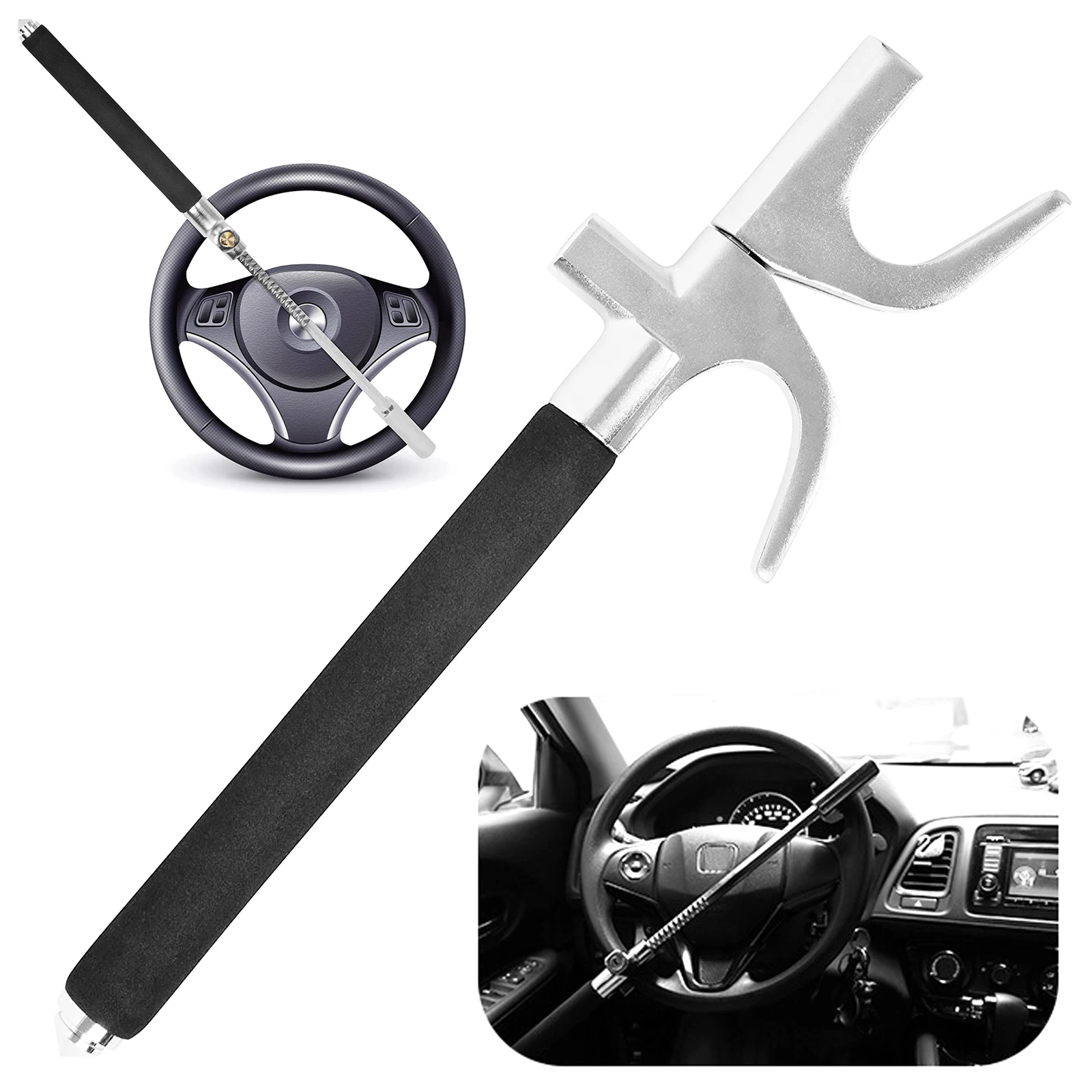 Universal Car Lock Adjustable Steering Wheel Lock Retractable Car Lock With Emergency Hammer Window Breaker For Cars Suv Truck