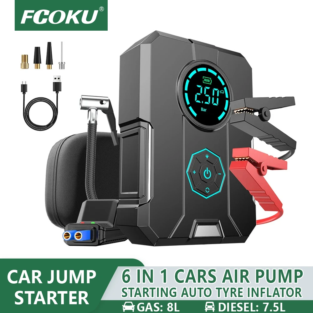 Top 6 In 1 Auto Jump Starter Pompa Ad Aria Di Emergenza Compressore D'Aria Portatile Power Bank Batteria Per Auto Jump Starter Gonfiatore Automatico P