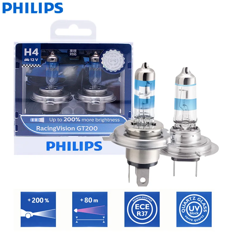 Philips Racingvision Gt200 H4 H7 9003 Hb2 12V + 200% Luce Più Luminosa Faro Alogeno Automatico Abbagliante Anabbagliante Ece Lampade Per Auto, Coppia