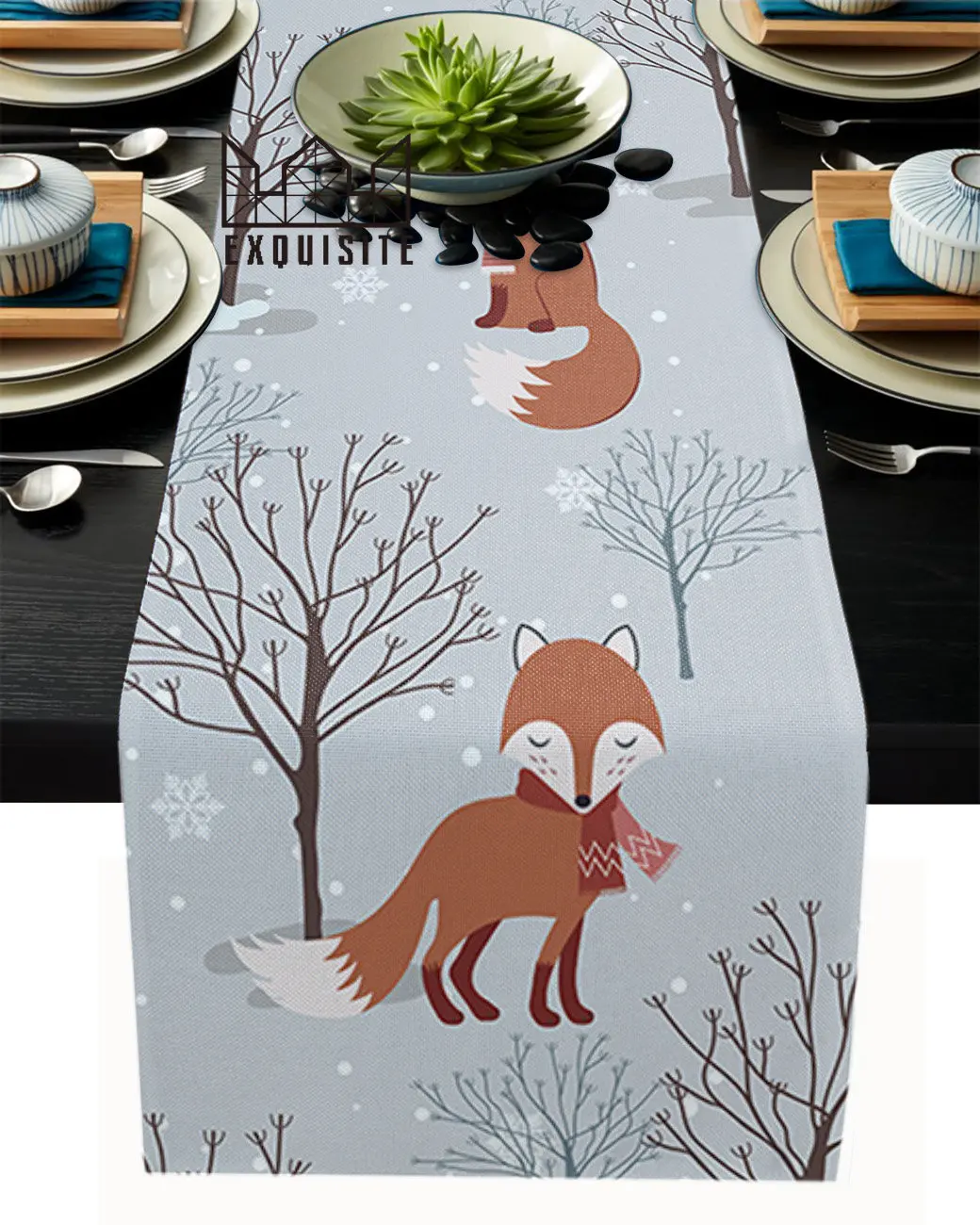 Cartoon Fox Branches Forest Snow Table Runner Wedding Party Dining Table Cover Cloth Placemat Napkin Home Kitchen Decoration