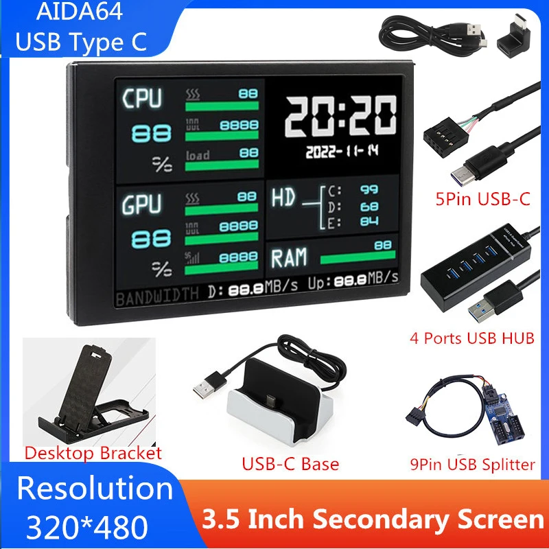 Schermo Secondario Ips Usb Type-C Da 3.5 Pollici Aida64 Lcd Cpu Gpu Ram Monitor Screen Display Sub-Screen Per Computer Portatile