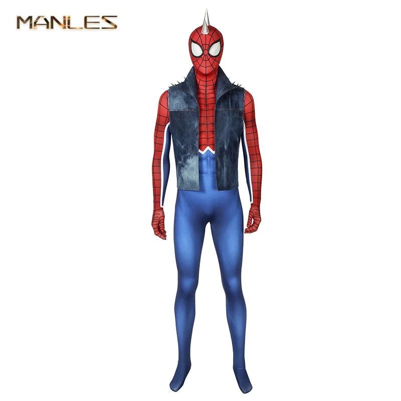 Punk Spider-Man Costume Game Spider-Man Ps4 Cosplay Punk Rock Cowboy Vest + Collant Suit Halloween Cosplay