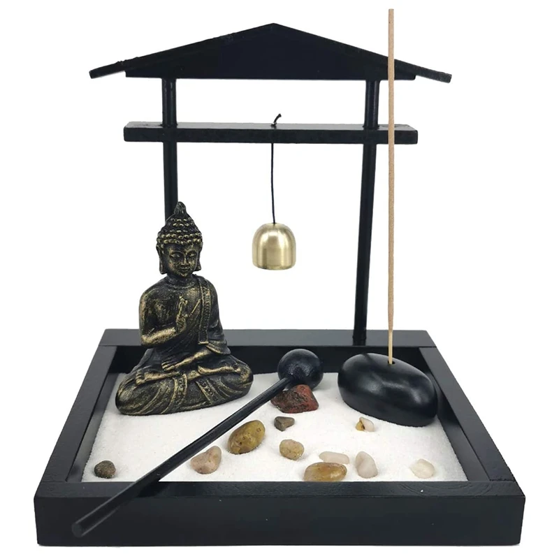 Statua Di Buddha Meditante Giardino Di Sabbia Zen Desktop, Mini Kit Vassoio Di Sabbia Da Giardino Zen Per Arredamento Da Ufficio