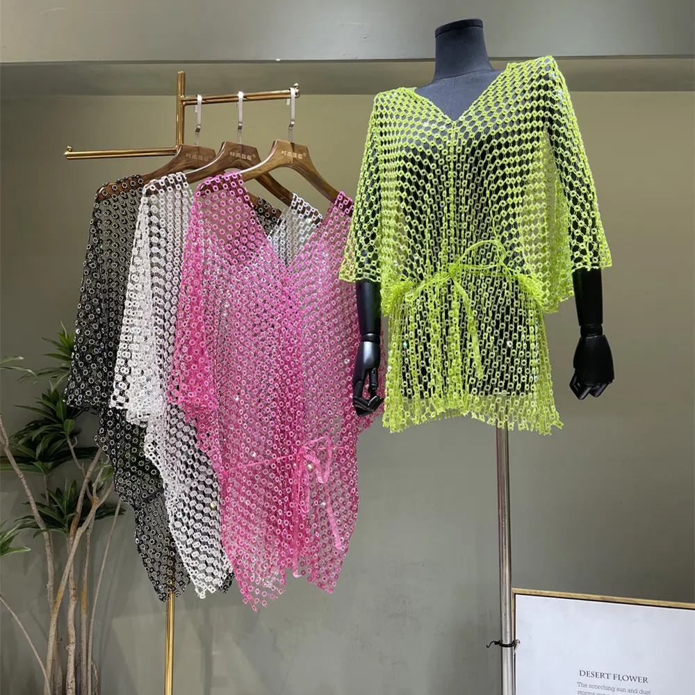 Summer Jumping Disc Sexy Bright Diamond Crystal Net Shirt Top Bright Temperament Ladies Light Luxury Full Diamond Outer Top