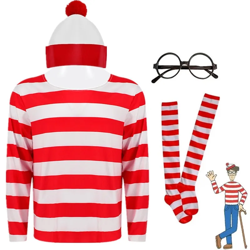 Adult Kids Wally Wenda Waldo Character Costume Mens Ladies Halloween Purim Outfit Book Week Fancy Dress Shirt Hat Glasses Outfit