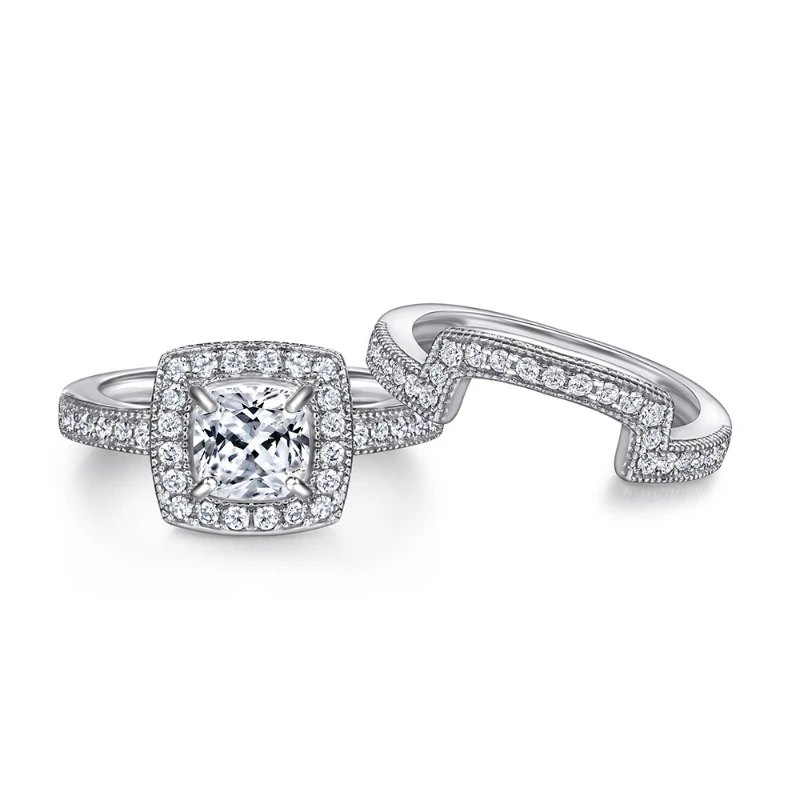 Htotoh S925 Sterling Silver Cushion 1 Carat Moissanite Ring Women Engagement Wedding Jewelry Combination Set Ring