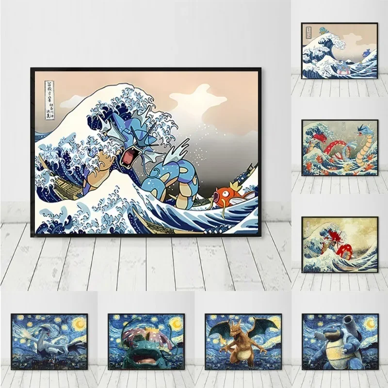 Pikachu Poster Ukiyo-E Kobe River Surfing, Starry Night Elves, Pokemon, Anime Canvas Painting, Modern Room Decoration Pictures