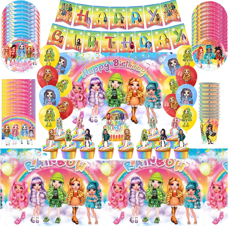Rainbow High Doll Birthday Party Decoration Princess Girl Rainbow Doll Balloon Stoviglie Banner Party Supplise Giocattoli Per Bambini