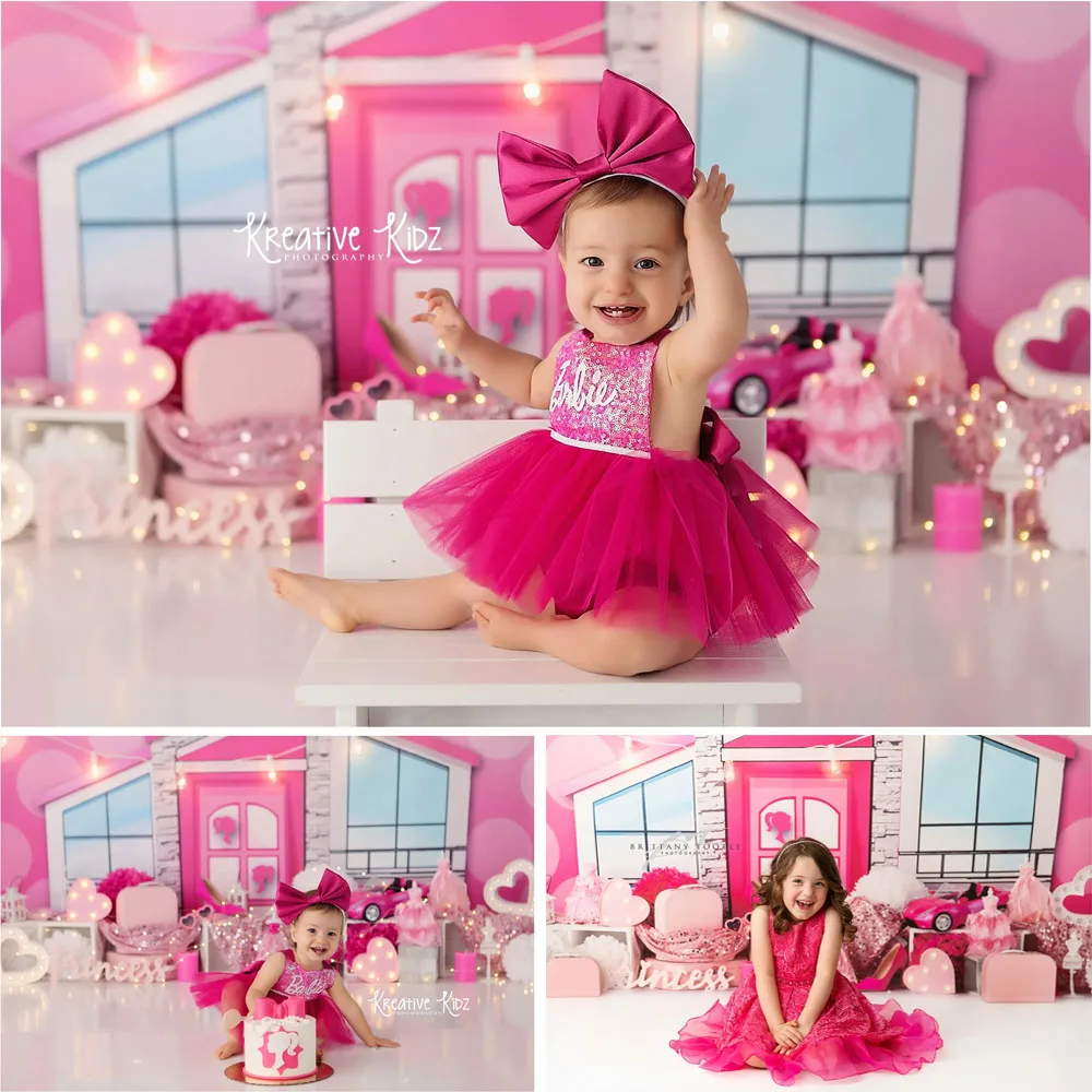 Pink Dreamhouse Photography Fondali Make Up Princess Girl Portrait 1St Birthday Cake Smash Background Puntelli Photo Studio Doll