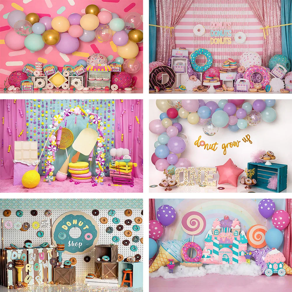 Mehofond Photography Background Donut Grow Up Donut Shop Sweet Girl 1St Birthday Party Cake Smash Decorati Backdrop Photo Studio