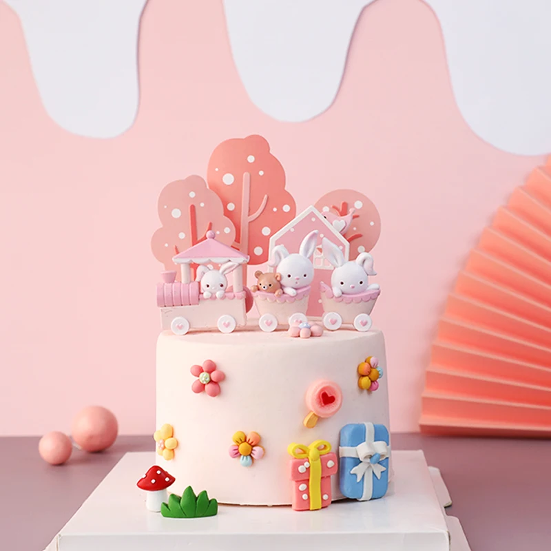 Simpatici Toppers Torta Treno Coniglio Rosa Per Bambini Torta Di Compleanno Per Bambini Festa Per Bambini Festa Per Bambini Buon Compleanno Forniture 
