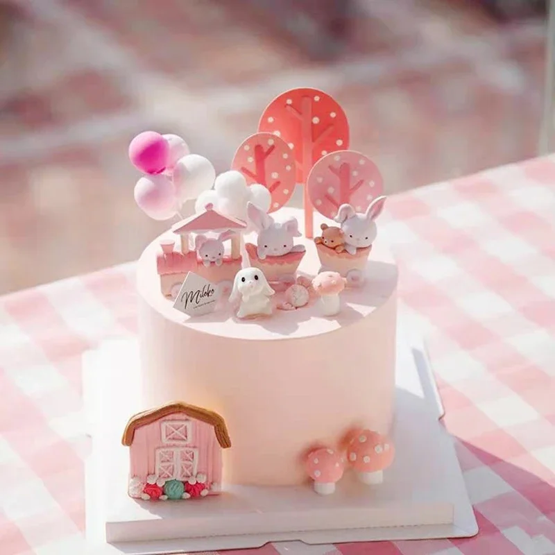 Pink Bunny Train Baby Decoration Happy Birthday Rabbit Moon Cake Topper Per Bambini Kid Baking Supplies Regali Adorabili