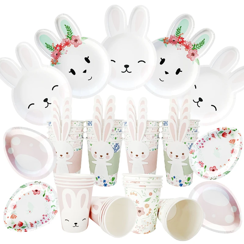 Happy Easter Stoviglie Usa E Getta Cartoon Rabbit Bunny Shaped Plate Cup Birthday Party Baby Shower Decoration Kids Easter Favor