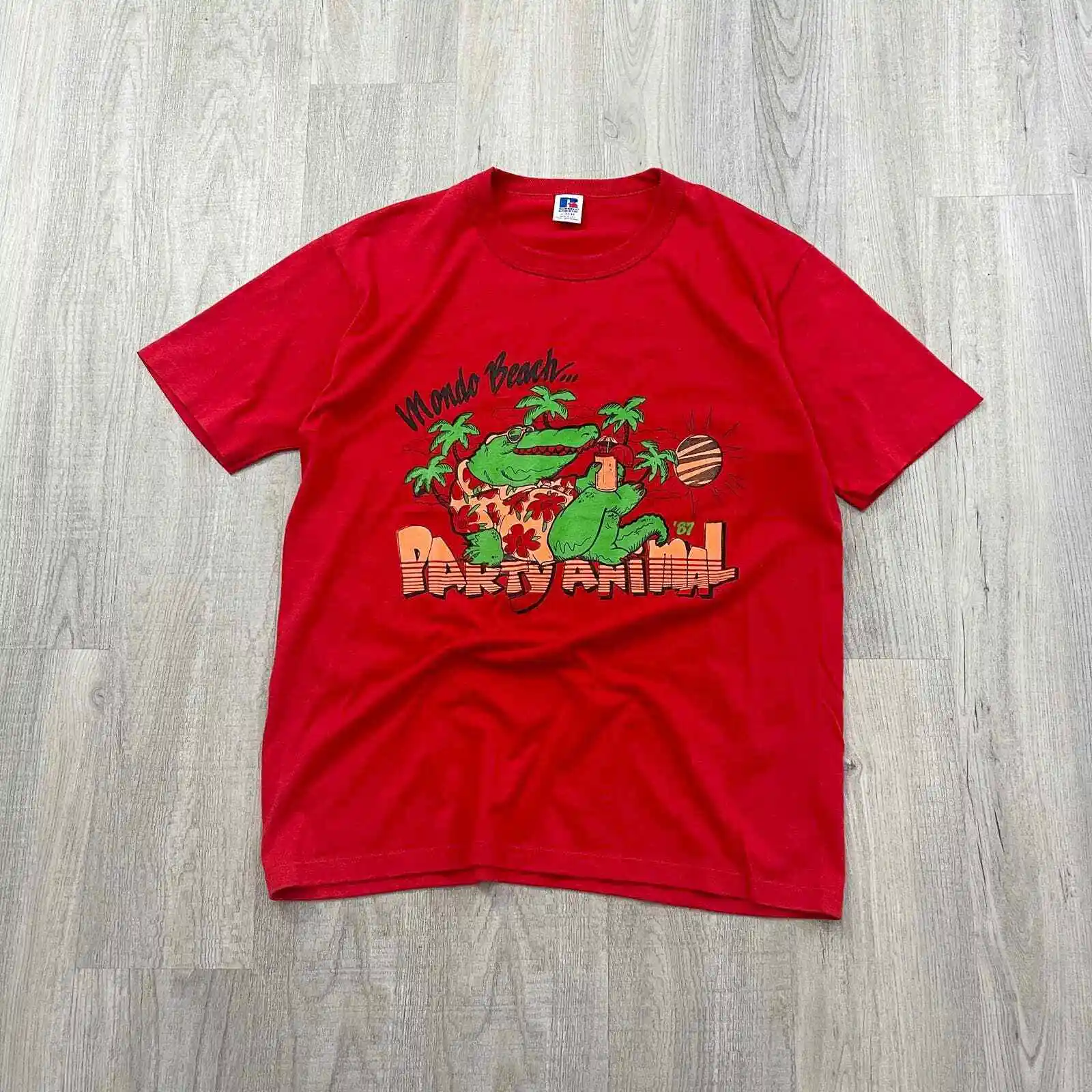 Vintage Anni '90 Mondo Beach Party Animal Shirt Size Large L Red Russell Athletic Maniche Lunghe