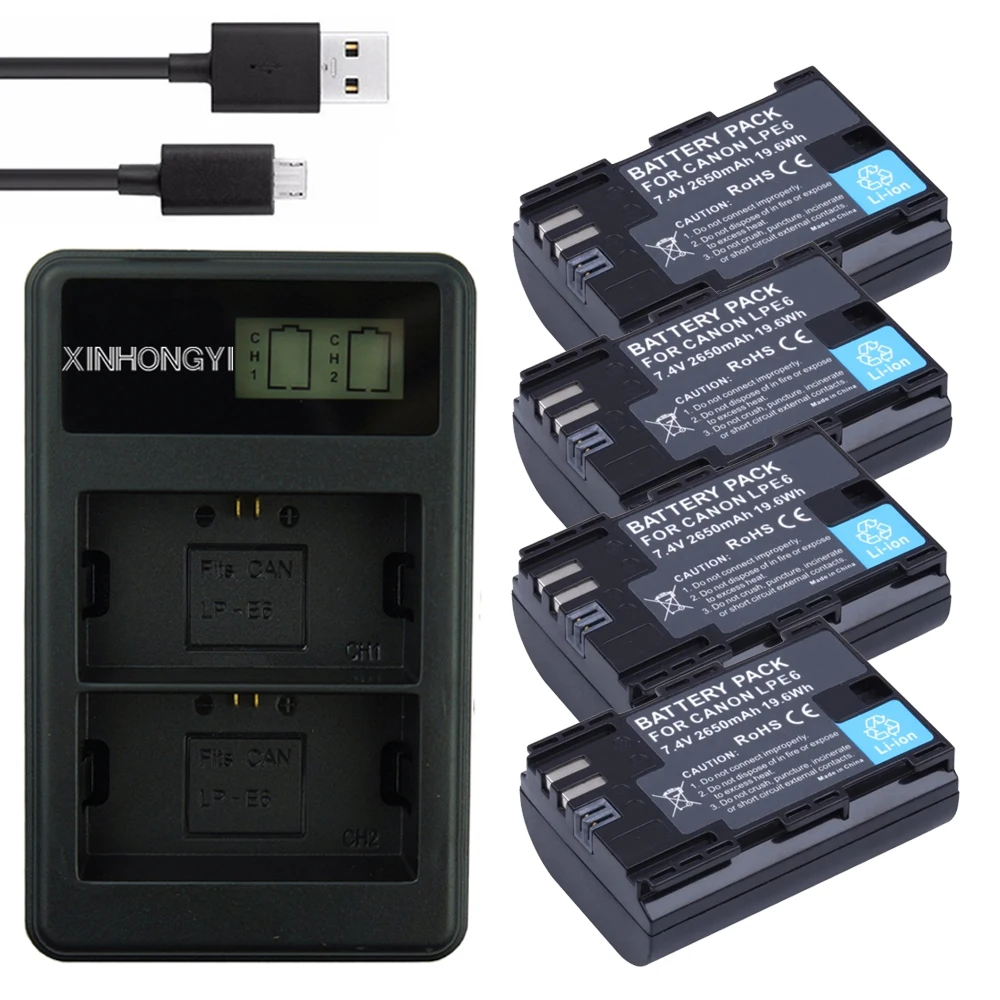 4 Pz Lpe6 Lp-E6 Lp E6 E6N Batteria + Lcd Usb Veloce Doppio Caricatore Per Canon Eos 60D 70D 5D Mark Ii 5D Mark Iii,5D Mark Iv Camera