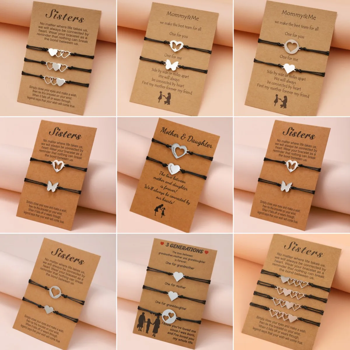 Charmsmic New Mother'S Day Braccialetti Intrecciati Incisi Madre E Figlia In Acciaio Inossidabile Corda Di Cera Regolabile Wish Card Jewelry