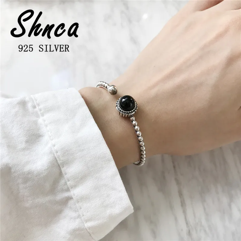 New Thai Silver Vintage 925 Sterling Silver Black Onyx Round Ball Bracciale Aperto E Braccialetti Per Donna Ragazza Jy013