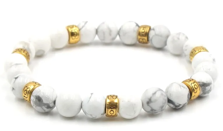 8Mm Df2 Sfera D'Oro Pietra Nera Vulcanica Lava Natura Pietra Nera Bianco Howlite Agata Onice Braccialetto Reiki Chakra Moda