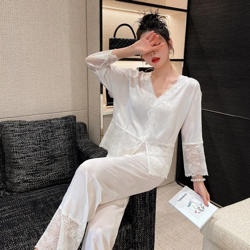 New Ice Silk Pajamas Women'S Sexy Solid Color Lace Edge Two-Piece Pajama Set  Pigiami Donna  بيجامة صيفية للنساء  Sleepwear